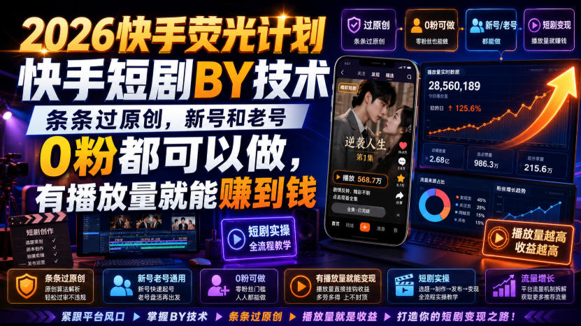 2026快手荧光计划，快手短剧搬运技术，条条过原创，新号和老号0粉都可以做，有播放量就能賺到钱-问小徐资源库