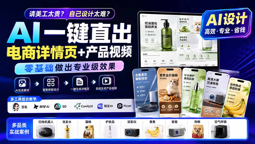 请美工太贵?自己设计太难?AI一键直出电商详情页+产品视频,零基础做出专业级效果 (更新0820-问小徐资源库