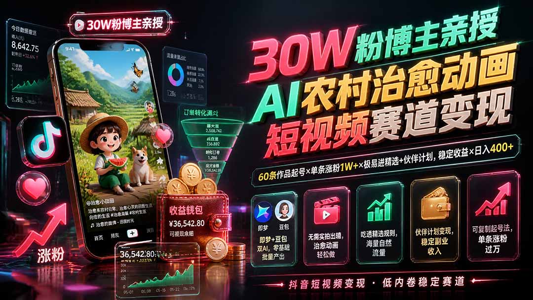 30W粉博主亲授AI农村治愈动画短视频赛道变现：60条作品起号×单条涨粉1W+×极易进精选+伙伴计划，稳定收益×日入400+-问小徐资源库
