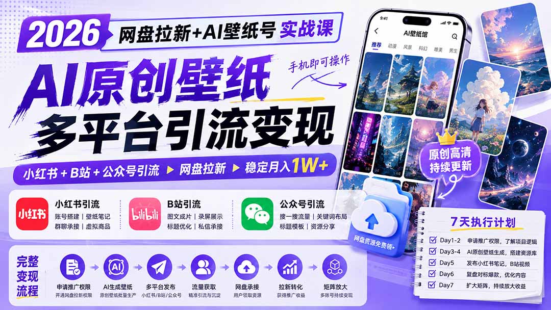 2026网盘拉新+AI壁纸号实战课：AI原创壁纸+小红书+B站+公众号引流，手机即可操作，月入1W+-问小徐资源库