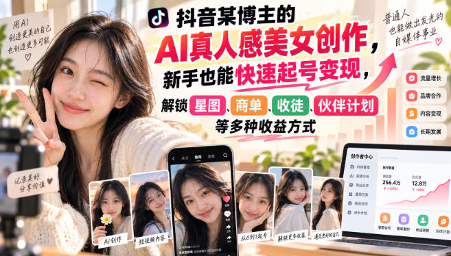 抖音某博主的AI真人感美女创作,新手也能快速起号变现,解锁星图,商单,收徒,伙伴计划等多种收益方式-问小徐资源库