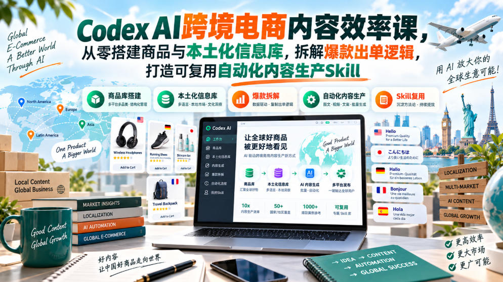 Codex AI跨境电商内容效率课，从零搭建商品与本土化信息库，拆解爆款出单逻辑，打造可复用自动化内容生产Skill-问小徐资源库