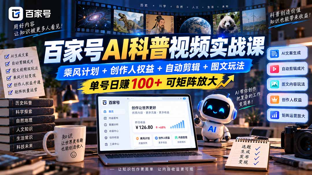 百家号AI科普视频实战课：乘风计划+创作人权益+自动剪辑+图文玩法，单号日赚100+可矩阵放大-问小徐资源库