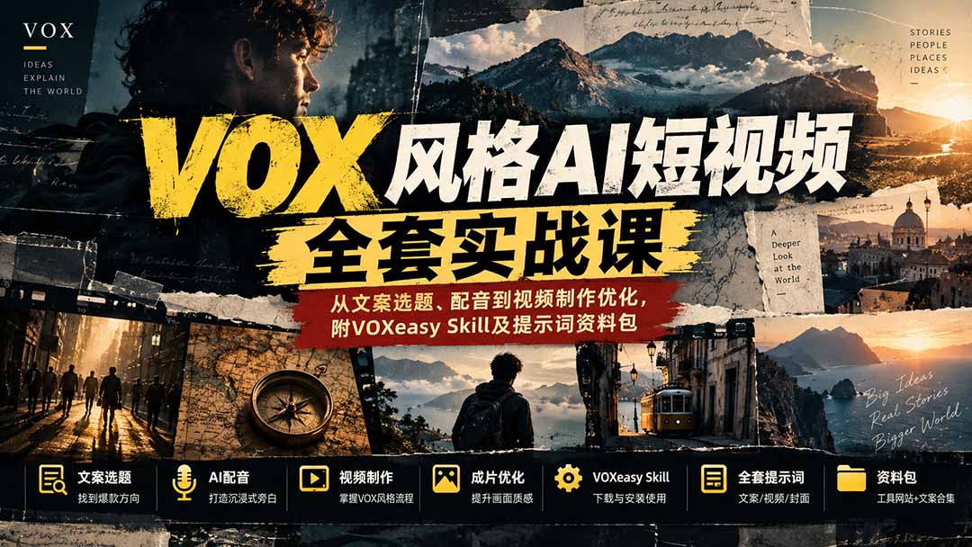 【无水印】VOX风格AI短视频全套实战课：从文案选题、配音到视频制作优化，附VOXeasy Skill及提示词资料包-问小徐资源库