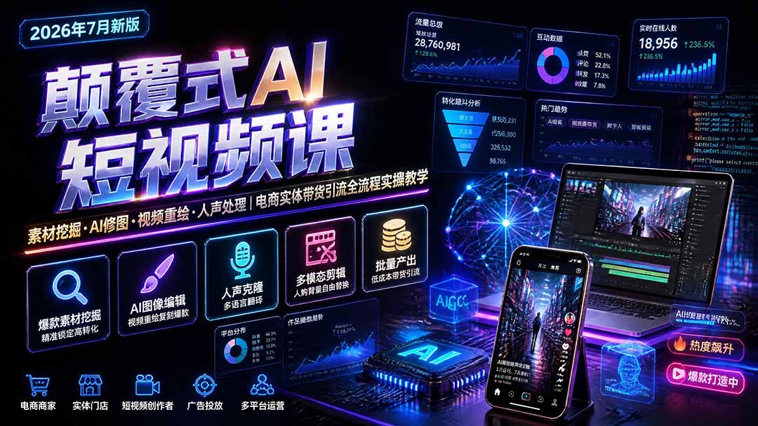 颠覆式AI短视频课-更新｜素材挖掘，AI修图，视频重绘，人声处理｜电商实体带货引流全流程实操教学-问小徐资源库