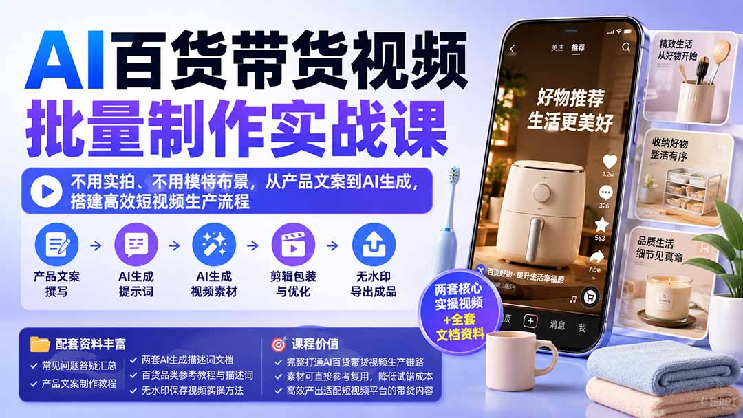 AI百货带货视频批量制作实战课：不用实拍、不用模特布景，从产品文案到AI生成，搭建高效短视频生产流程-问小徐资源库