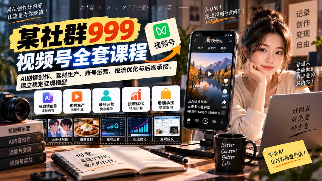 【无水印】某社群999视频号全套课程：AI剧情创作、素材生产、账号运营、投流优化与后端承接，建立稳定变现模型-问小徐资源库