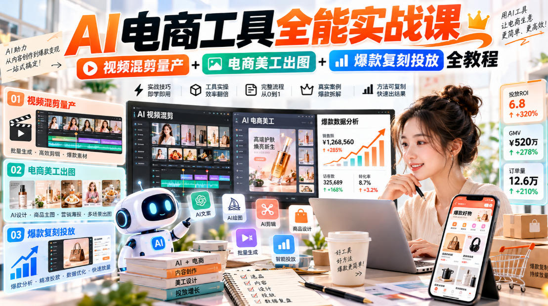 AI电商工具全能实战教学，视频混剪量产+电商美工出图+爆款复刻投放全教程​-问小徐资源库