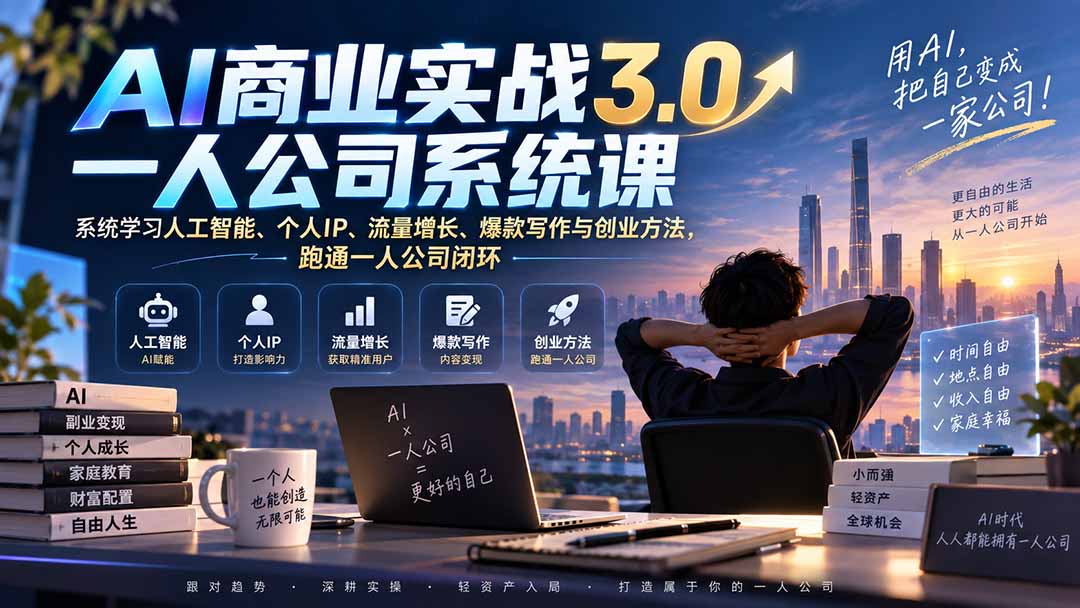 AI商业实战3.0一人公司系统课:系统学习人工智能、个人IP、流量增长、爆款写作与创业方法,跑通一人公司闭环-问小徐资源库