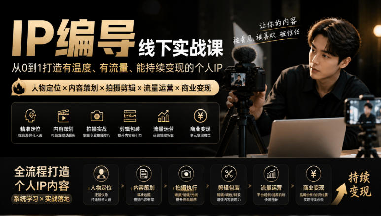 【无水印】IP编导线下实战课，从人物定位到短视频拍摄剪辑，全流程打造有温度、有流量、能持续变现的个人IP内容-问小徐资源库
