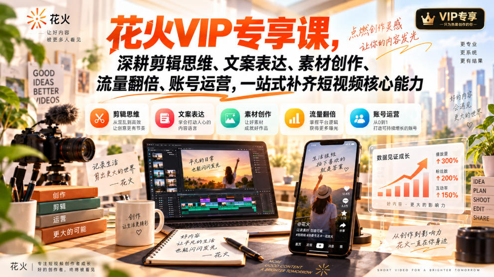 花火VIP专享课,深耕剪辑思维、文案表达、素材创作、流量翻倍、账号运营,一站式补齐短视频核心能力-问小徐资源库
