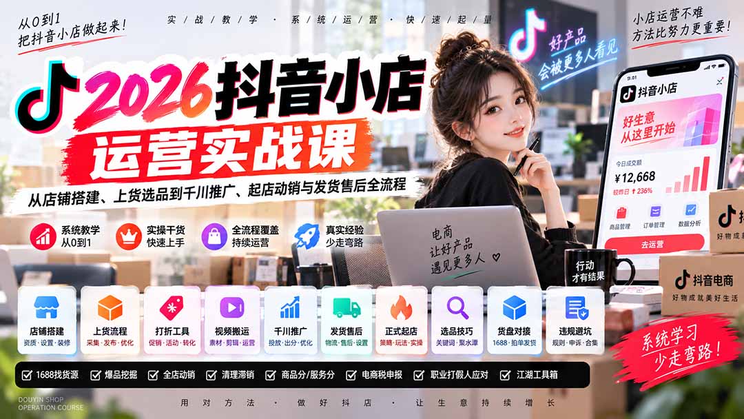 2026抖音小店运营实战课|从店铺搭建、上货选品到千川推广、起店动销与发货售后全流程-问小徐资源库