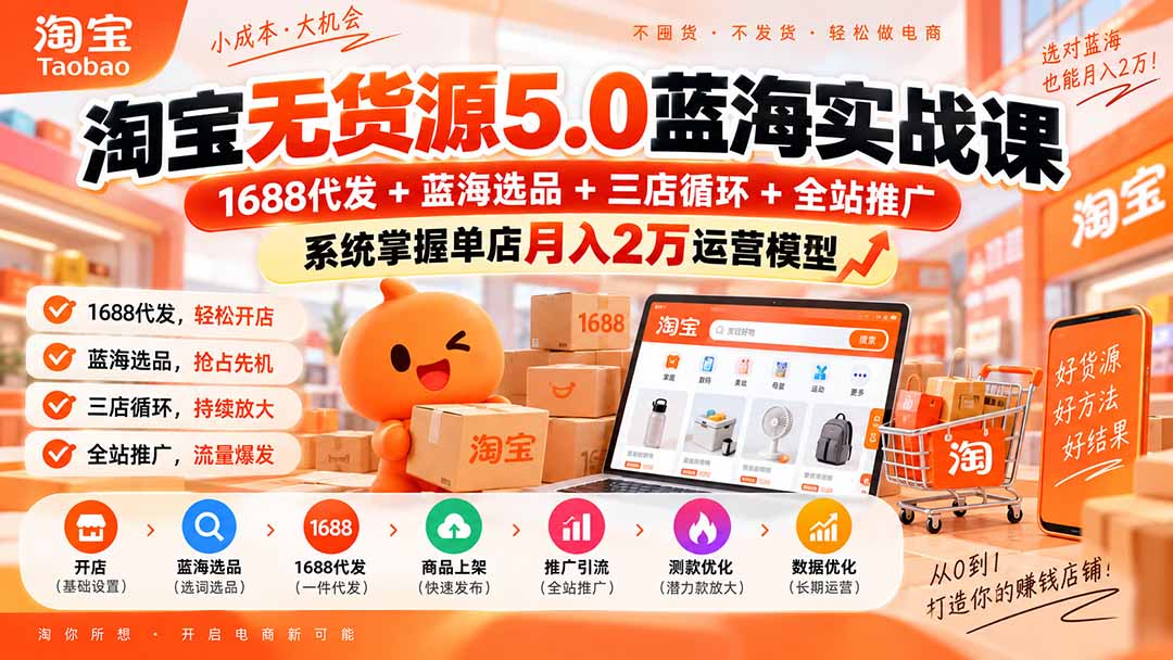 淘宝无货源5.0蓝海实战课-更新0927：1688代发+蓝海选品+三店循环+全站推广，系统掌握单店月入2万运营模型-问小徐资源库