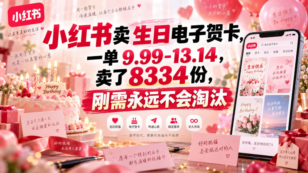 小红书卖生日电子贺卡，一单9.99-13.14，卖了8334份，刚需永远不会淘汰-问小徐资源库