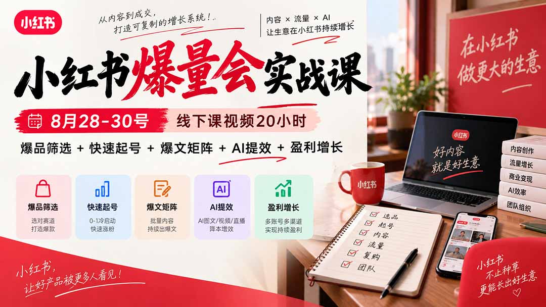 小红书爆量会实战课-更新9月23：线下课视频20小时，爆品筛选+快速起号+爆文矩阵+AI提效+盈利增长-问小徐资源库