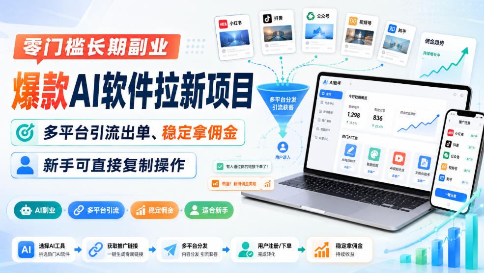 零门槛长期副业，爆款AI软件拉新项目，多平台引流出单、稳定拿佣金，新手可直接复制操作-问小徐资源库