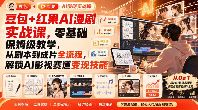 豆包+红果AI漫剧实战课,零基础保姆级教学,从剧本到成片全流程,解锁AI影视赛道变现技能-问小徐资源库
