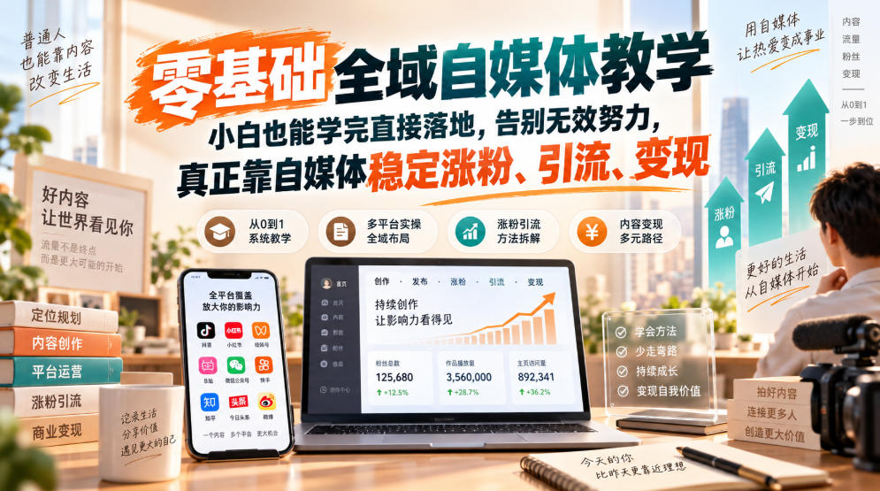 零基础全域自媒体教学，小白也能学完直接落地，告别无效努力，真正靠自媒体稳定涨粉、引流、变现-问小徐资源库
