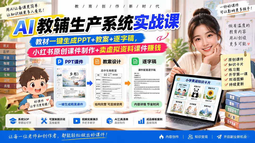AI教辅生产系统实战课-更新0926|教材一键生成PPT+教案+逐字稿,小红书原创课件制作+卖虚拟资料课件赚钱-问小徐资源库