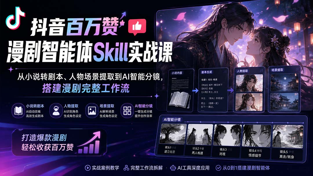 抖音百万赞漫剧智能体Skill实战课:从小说转剧本、人物场景提取到AI智能分镜,搭建漫剧完整工作流-问小徐资源库
