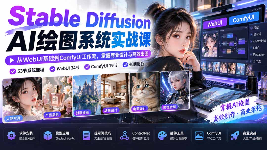 【无水印】Stable Diffusion AI绘图系统实战课：从WebUI基础到ComfyUI工作流，掌握商业设计与高效出图-问小徐资源库