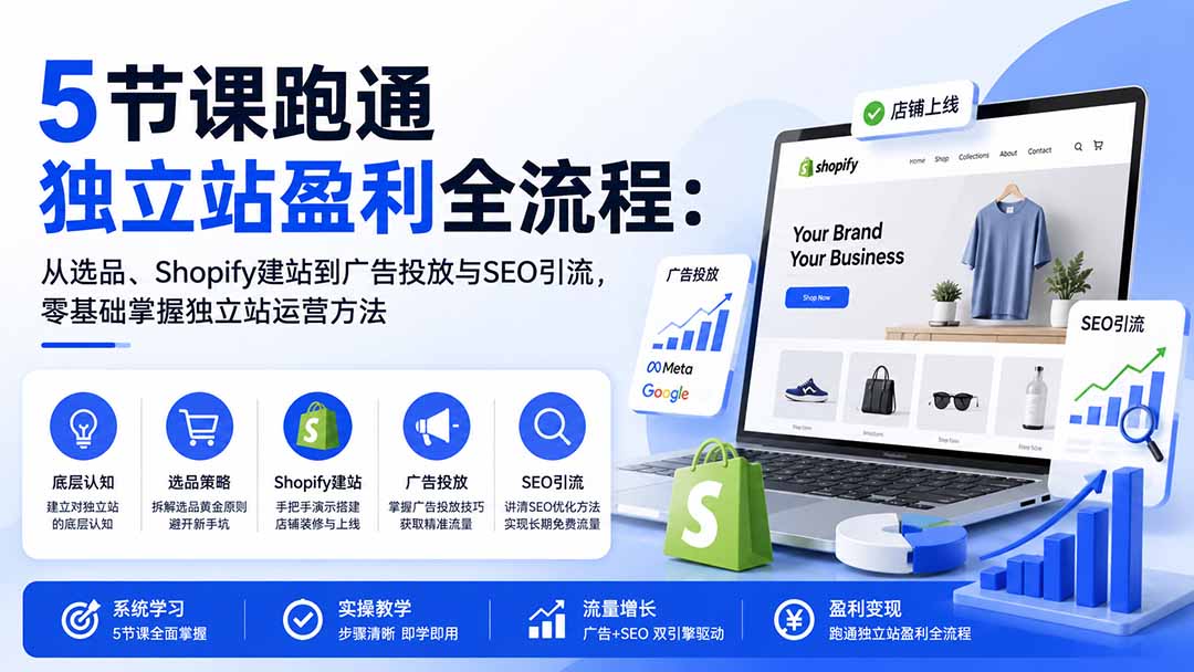 5节课跑通独立站盈利全流程：从选品、Shopify建站到广告投放与SEO引流，零基础掌握独立站运营方法-问小徐资源库