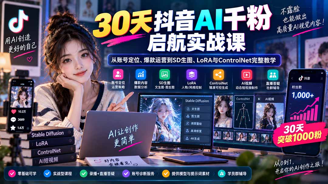 30天抖音AI千粉启航实战课:从账号定位、爆款运营到SD生图、LoRA与ControlNet完整教学-问小徐资源库