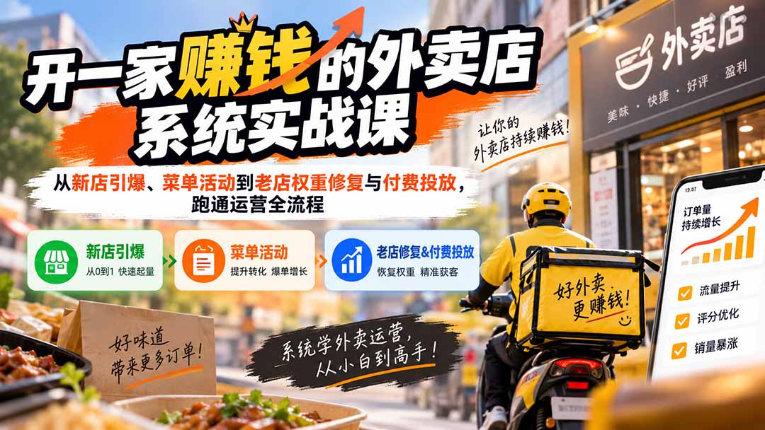 开一家赚钱的外卖店系统实战课:从新店引爆、菜单活动到老店权重修复与付费投放,跑通运营全流程-问小徐资源库