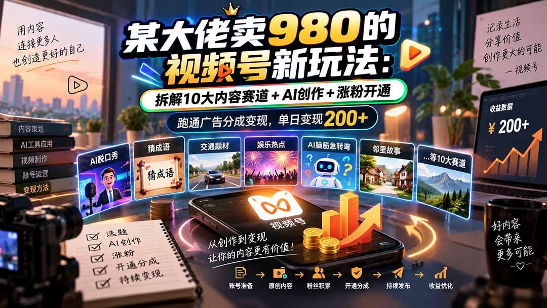 某大佬卖980的视频号新玩法：拆解10大内容赛道+AI创作+涨粉开通，跑通广告分成变现，单日变现200+-问小徐资源库