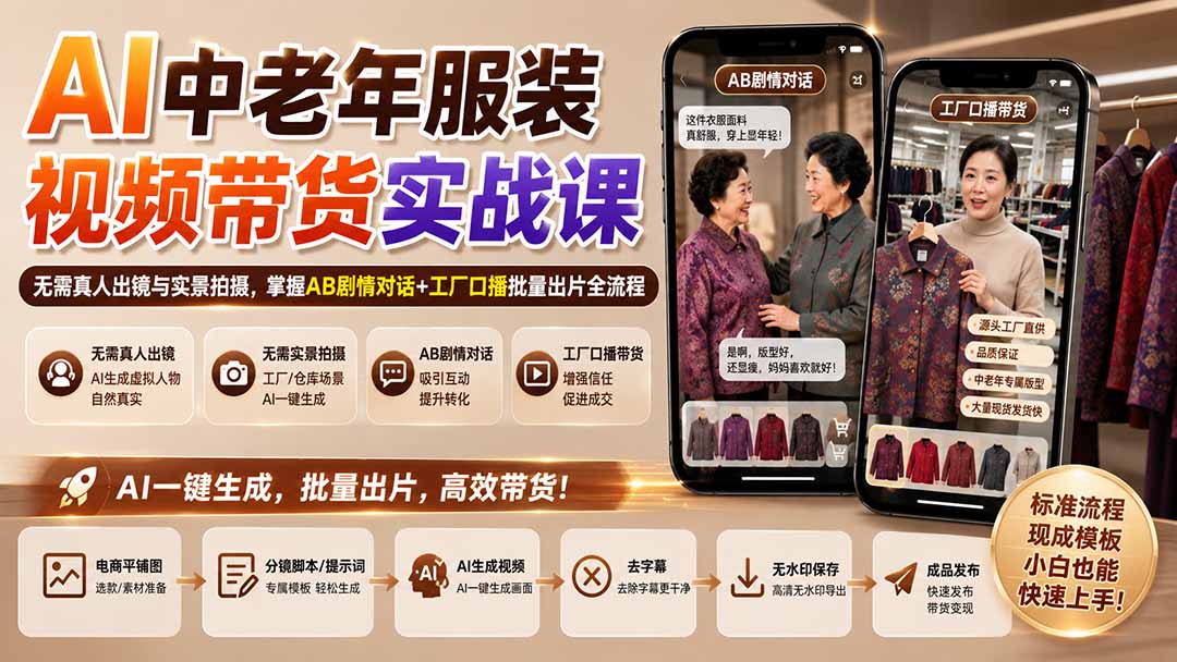 AI中老年服装视频带货实战课：无需真人出镜与实景拍摄，掌握AB剧情对话+工厂口播批量出片全流程-问小徐资源库