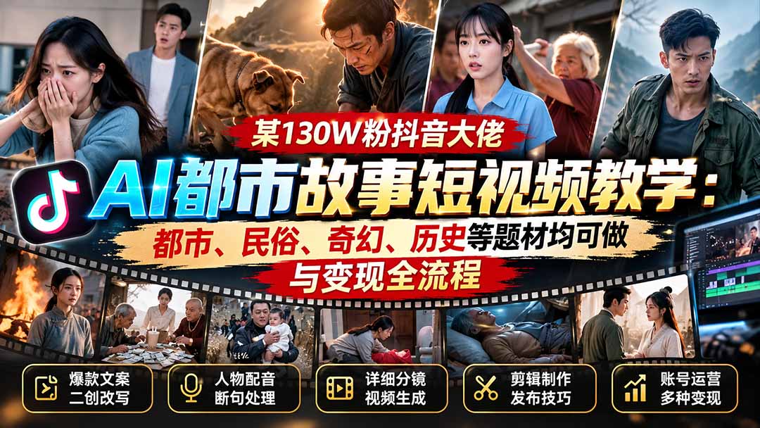 某130W粉抖音大佬AI都市故事短视频教学：都市、民俗、奇幻、历史等题材均可做与变现全流程-问小徐资源库