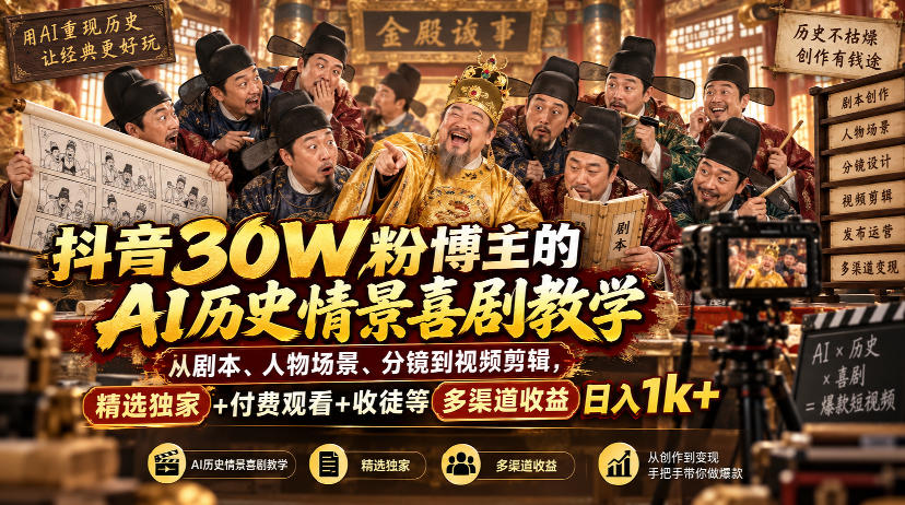 抖音30W粉博主的AI历史情景喜剧教学,从剧本、人物场景、分镜到视频剪辑,精选独家+付费观看+收徒等多渠道收益日入1k+-问小徐资源库