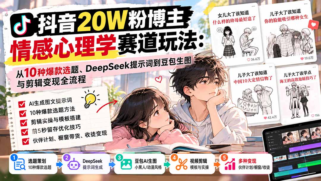 抖音20W粉博主-情感心理学赛道玩法：从10种爆款选题、DeepSeek提示词到豆包生图与剪辑变现全流程-问小徐资源库