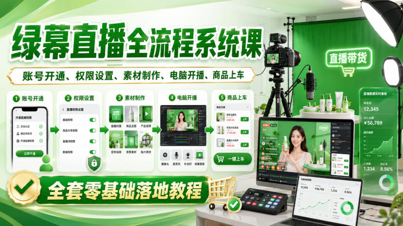 绿幕直播全流程系统课，账号开通、权限设置、素材制作、电脑开播、商品上车全套零基础落地教程-问小徐资源库