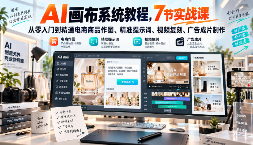 AI画布系统教程，7节实战课从零入门到精通电商商品作图、精准提示词、视频复刻、广告成片制作-问小徐资源库