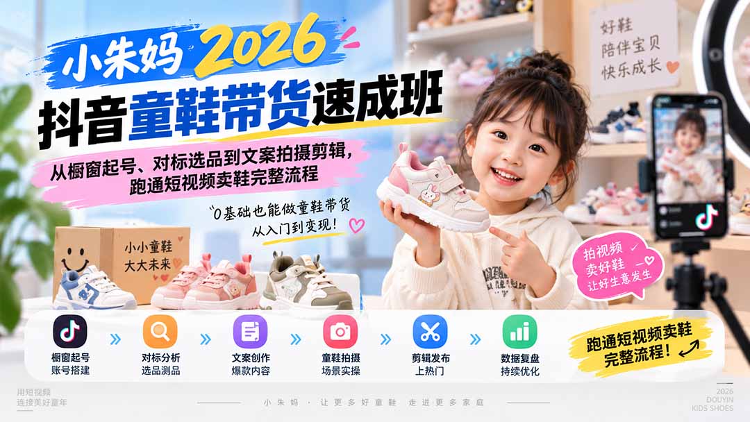 小朱妈2026抖音童鞋带货速成班：从橱窗起号、对标选品到文案拍摄剪辑，跑通短视频卖鞋完整流程-问小徐资源库