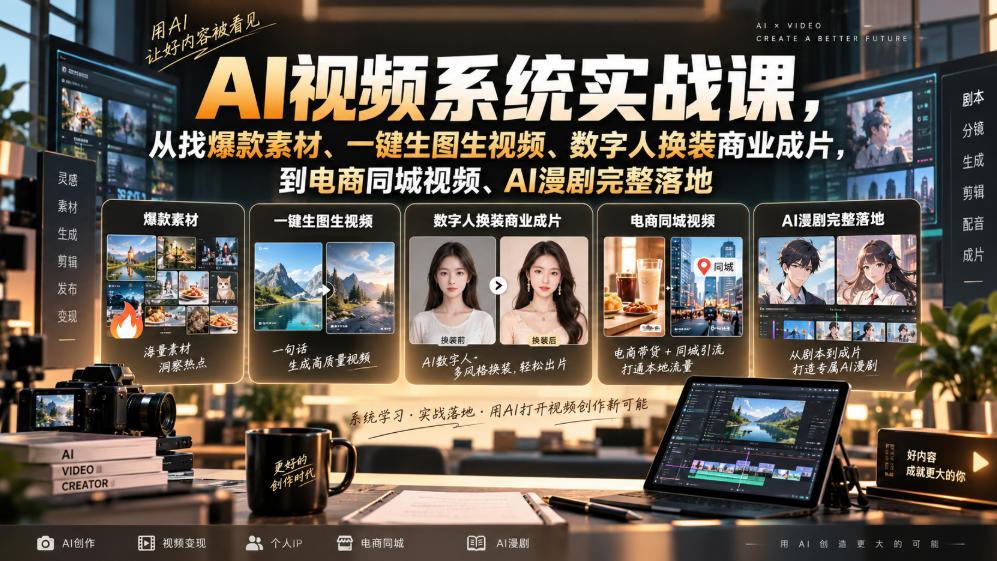 AI视频系统实战课，从找爆款素材、一键生图生视频、数字人换装商业成片，到电商同城视频、AI漫剧完整落地-问小徐资源库