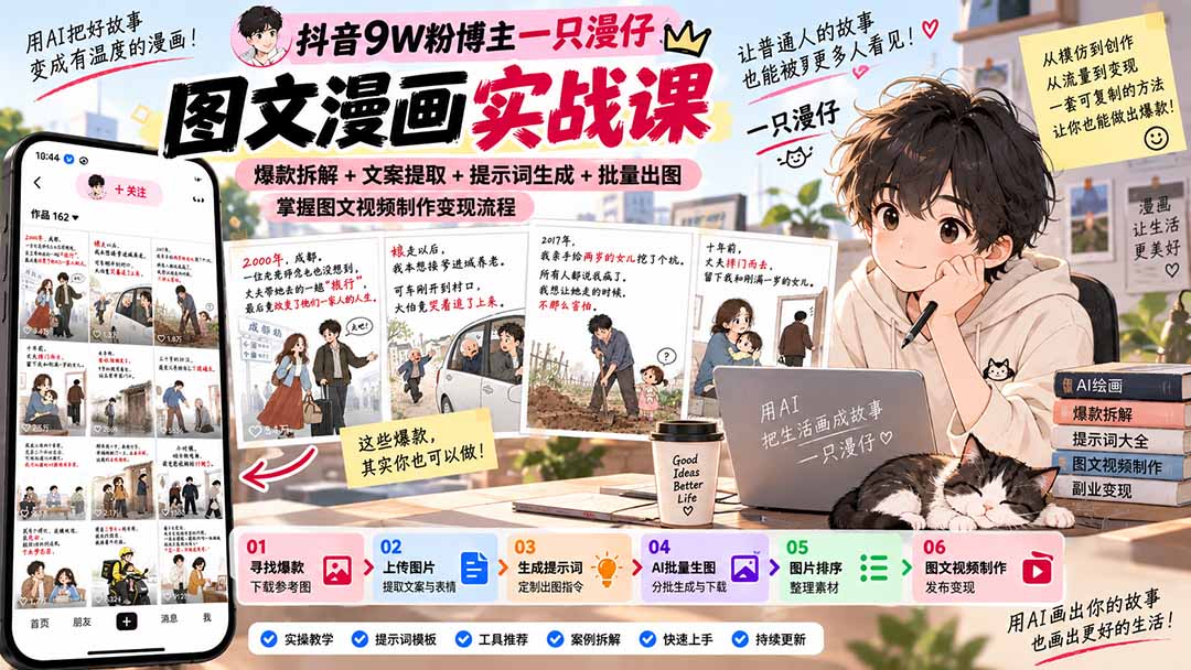 抖音9W粉博主一只漫仔图文漫画课：爆款拆解+文案提取+提示词生成+批量出图，掌握图文视频制作变现流程-问小徐资源库