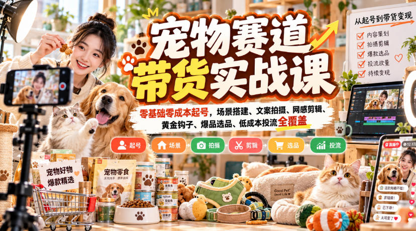 宠物赛道带货实战课,零基础零成本起号,场景搭建、文案拍摄、网感剪辑、黄金钩子、爆品选品、低成本投流全覆盖-问小徐资源库