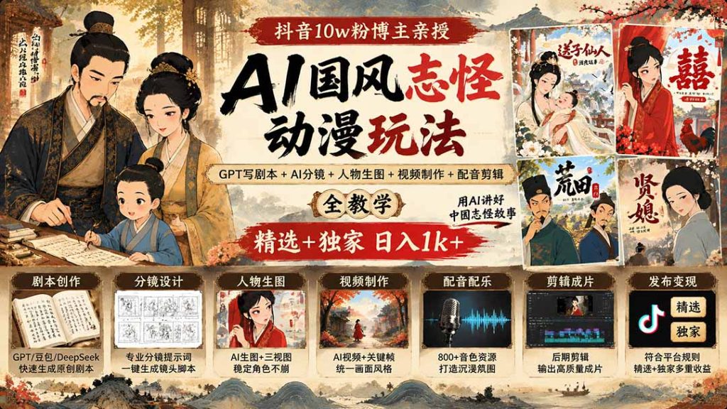 抖音10w粉博主亲授AI国风志怪动漫玩法|GPT写剧本+AI分镜+人物生图+视频制作+配音剪辑全教学|精选+独家日入1k+-问小徐资源库