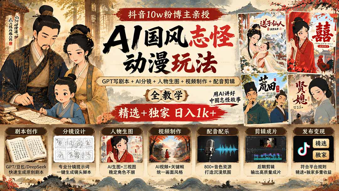 抖音10w粉博主亲授AI国风志怪动漫玩法｜GPT写剧本+AI分镜+人物生图+视频制作+配音剪辑全教学｜精选+独家日入1k+-问小徐资源库