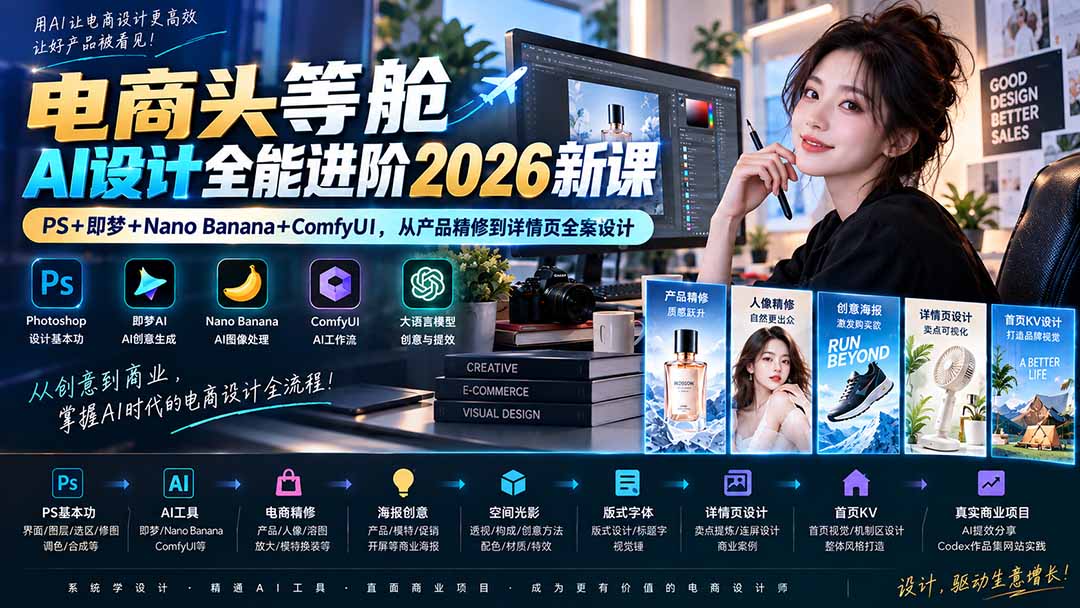 电商头等舱AI设计全能进阶2026新课:PS+即梦+Nano Banana+ComfyUI,从产品精修到详情页全案设计-问小徐资源库