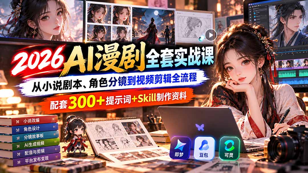 【无水印】2026AI漫剧全套实战课：从小说剧本、角色分镜到视频剪辑全流程，配套300+提示词+Skill制作资料-问小徐资源库