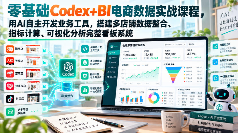 零基础Codex+BI电商数据实战课程,用AI自主开发业务工具,搭建多店铺数据整合、指标计算、可视化分析完整看板系统-问小徐资源库