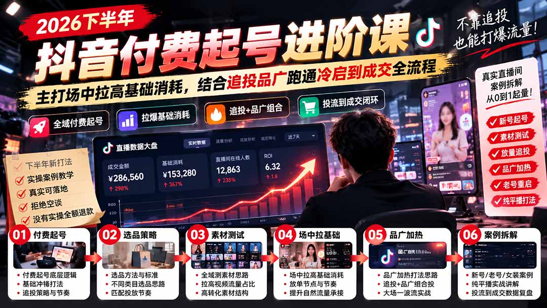 2026下半年抖音付费起号进阶课：主打场中拉高基础消耗，结合追投品广跑通冷启到成交全流程-问小徐资源库