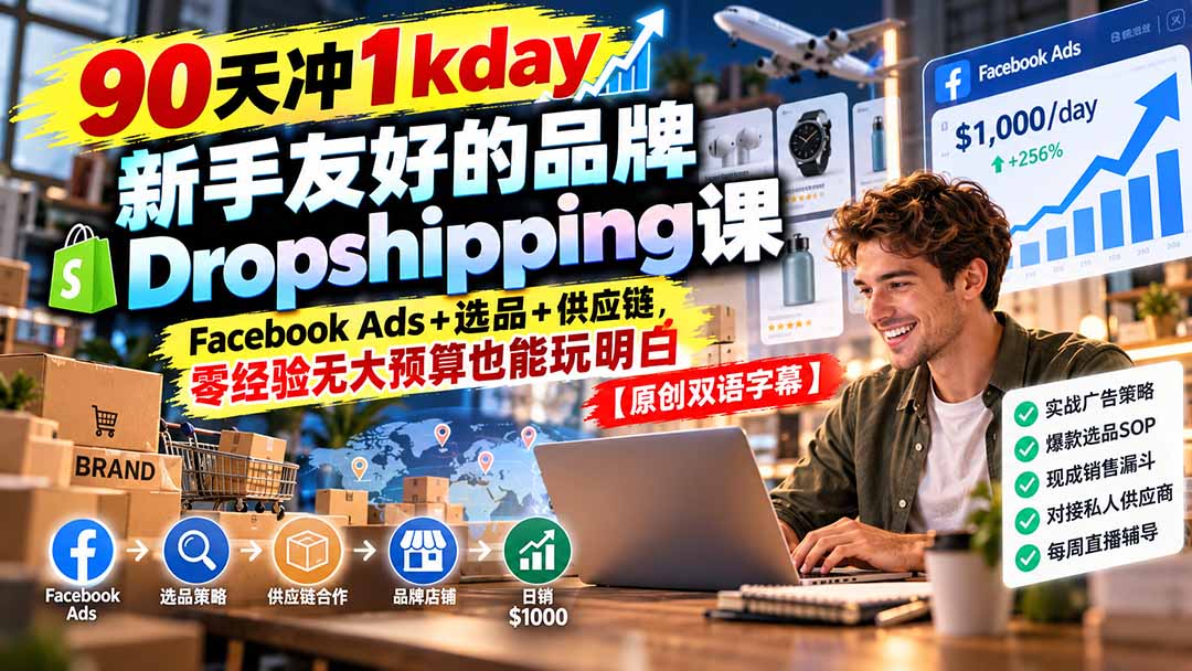 90天冲1kday 新手友好的品牌Dropshipping课：Facebook Ads+选品+供应链，零经验无大预算也能玩明白【原创双语字幕】-问小徐资源库