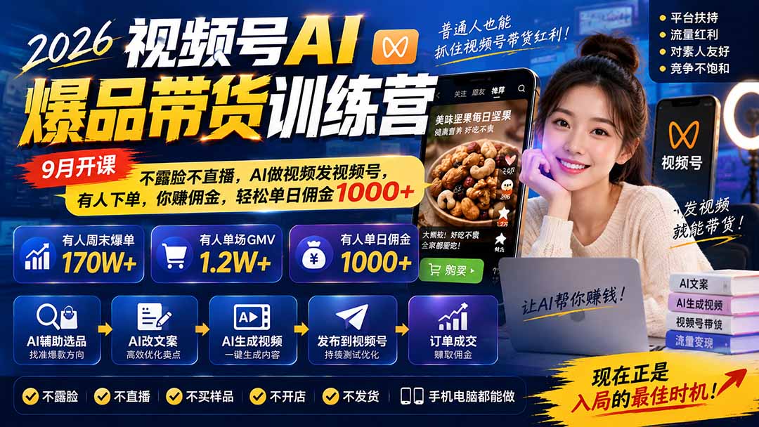 2026视频号AI爆品带货训练营-9月开课|不露脸不直播,AI做视频发视频号,有人下单,你赚佣金,轻松单日佣金1000+-问小徐资源库