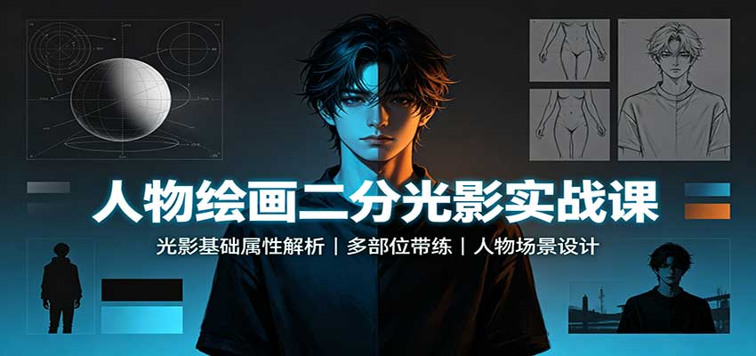 人物绘画二分光影实战课：光影基础属性解析，多部位带练，人物场景设计-问小徐资源库