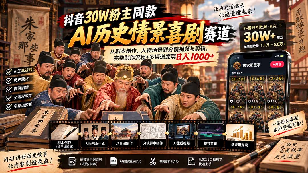 抖音30W粉博主同款AI历史情景喜剧赛道：从剧本创作、人物场景到分镜视频与剪辑，完整制作流程+多渠道变现日入1000+-问小徐资源库