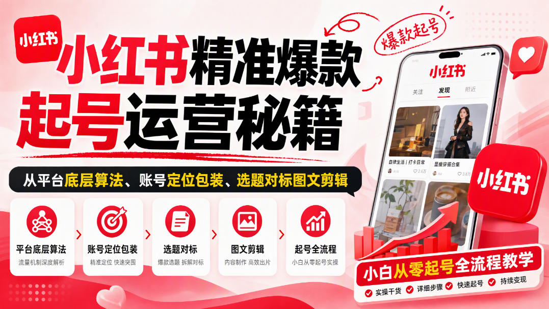 小红书精准爆款起号运营秘籍,从平台底层算法、账号定位包装、选题对标图文剪辑,小白从零起号全流程-问小徐资源库